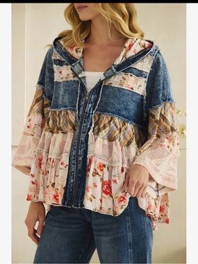 Oli and Hali hooded plaid boho western lace patchwork floral jean jacket coat
